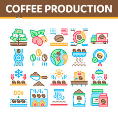 Fototapeta na wymiar Coffee Production Collection Icons Set Vector. Coffee Production Factory And Conveyor, Roasted Beans And Tree, Truck Delivery And Package Concept Linear Pictograms. Color Contour Illustrations