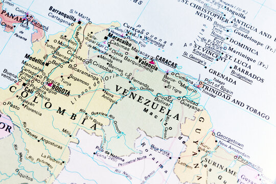 Northern part of south America, Venezuela and Colombia atlas map.  Detailed macro illustration view.