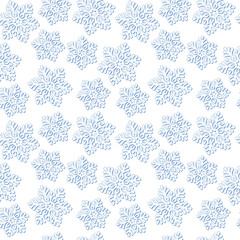 White snowflakes with a blue outline on a white background. Vector seamless pattern for Christmas wallpaper, banner, wrapping paper, packaging, wrapper, festive design, printing on fabric and textile