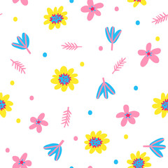 Fototapeta na wymiar Beautiful hand drawn seamless pattern with flowers and leaves isolated on white background. Cute floral banner. Colorful backdrop design for textile, digital wrapping paper. Stock vector illustration