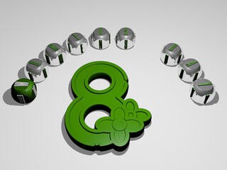 3D representation of womens day with icon on the wall and text arranged by metallic cubic letters on a mirror floor for concept meaning and slideshow presentation. background and illustration