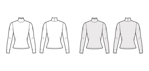 Turtleneck jersey sweater technical fashion illustration with long sleeves, close-fitting shape. Flat outwear apparel template front, back white grey color. Women men, unisex shirt top CAD mockup