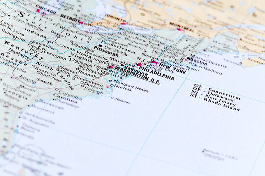 New York, United States - March 5, 2024: East Coast map. Closeup macro view of East Coast of United States of America