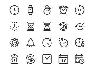 Fototapeta premium Time, Clock Line Icon. Minimal Vector Illustration. Included Simple Outline Icons as Watch, Stopwatch, Timer, Alarm, Calendar, Sand Hourglass. Editable Stroke. Pixel Perfect