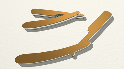 razor blade made by 3D illustration of a shiny metallic sculpture on a wall with light background. barber and beard