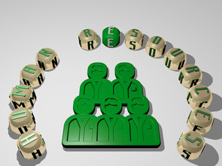 3D graphical image of human resources vertically along with text built around the icon by metallic cubic letters from the top perspective, excellent for the concept presentation and slideshows.