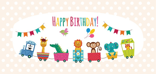 Happy birthday card with cartoon animals on toy train, flat vector illustration.