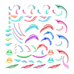 Floral decorative elements 65 set hand drawn with color markers isolated on a white background.