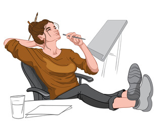 Joyful brunette dressed in brown sweater, black pants and gray footwear sitting in chair and her feet on the desk thinking. Workplace - 369035532