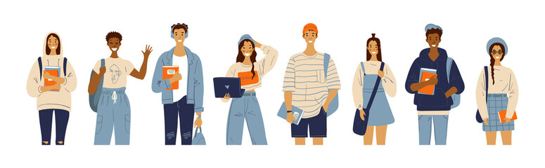 International group of students with laptop, books, backpacks. Fashionable college youth. A group of girls and guys are studying. Flat vector illustration.