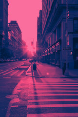 Sunset light shines on an empty crosswalk at the intersection of 23rd Street and 5th Avenue in New York City in pink and blue