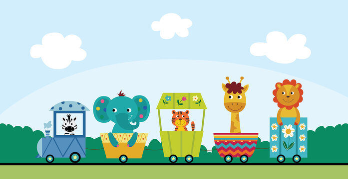 Summer landscape with funny animals riding railway, flat vector illustration.