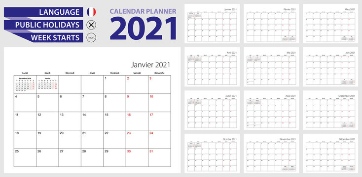 French calendar planner for 2021. French language, week starts from Monday.