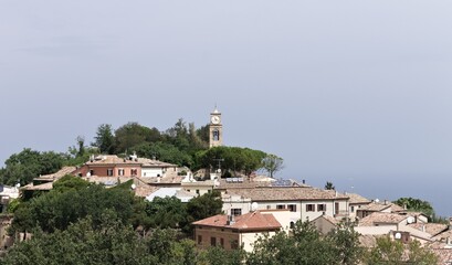 Fototapeta na wymiar Panoramic view of 'Fiorenzuola di Focara', a small italian town in 'San Bartolo National Park' above Mediterranean sea (Pesaro, Marche, Italy, Europe)
