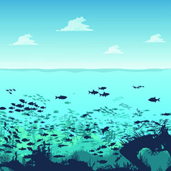 the depths of the ocean with clouds, on the seabed, under water. Fish, marine animals, seabed. Flat style. Vector