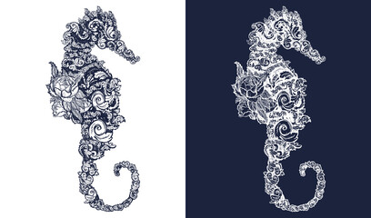Sea horse and flowers tattoo and t-shirt design Symbol of travel, freedom, navigation. Black and white vector graphics © intueri