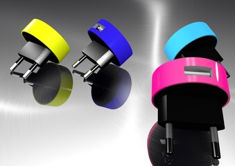 Multi color power plug with usb connector lie on titan background