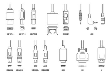 USB, HDMI, ethernet and other cable and port icon set with plugs - obrazy, fototapety, plakaty