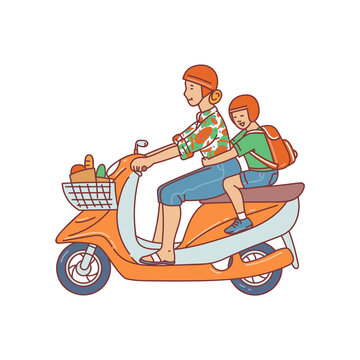 Woman and child characters riding moped or motorcycle vector illustration.