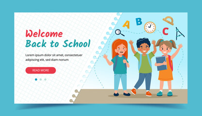 Fototapeta na wymiar Happy kids, back to school concept. Banner or landing page template. Vector illustration in flat style