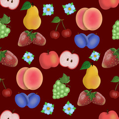 seamless pattern with fruits and berries flowers on a maroon background