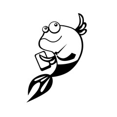 Fish Manager. A character in a tie with a smartphone. A symbol for the fish business