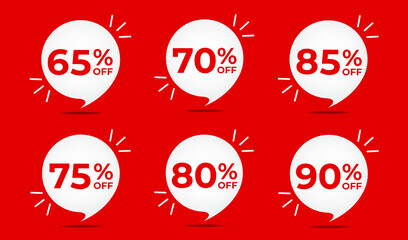 65, 70, 75, 80, 85 and 90% off. Set of tag discounts. Banner with six red bubble balloons with special offers vector.