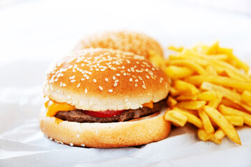 American cheese burger with Golden French fries