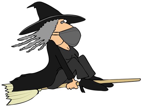 Halloween witch riding a broom and wearing a face mask
