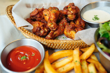 fried chicken wings and french fries with sauce