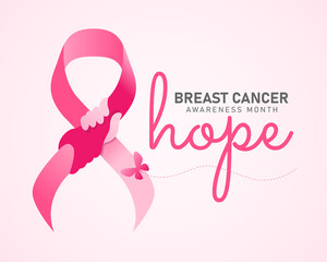 hope breast cancer awareness month banner - pink ribbon with hand hold hand sign and butterfly vector design
