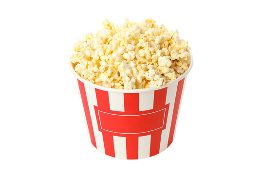 Cardboard bucket with popcorn isolated on white background