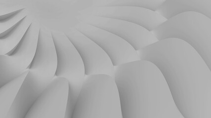 Obraz premium Modern realistic abstract parametric three-dimensional background of a set of wavy swirling white three-dimensional petals converging in a cent. 3D illustration