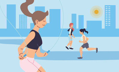 Fototapeta na wymiar Women running and jumping at city vector design