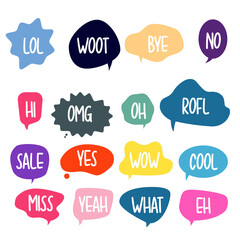 Bubble chat with phrases. Colorful speech bubbles with dialog words. Chat cloud online used for stickers, flyers, poster information. Vector illustration 