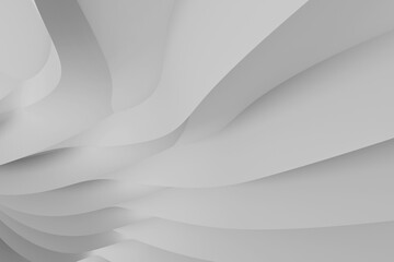 Modern abstract parametric three-dimensional background of a set of wavy white three-dimensional petals converging in a cent. 3D illustration