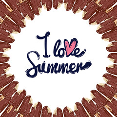 Square frame formed by popsicle with lettering on center: I love summer. Cute greeting card. Hand drawn sketch elements in decorative fashion style. Bakery, ice-cream dessert inspired illustration.