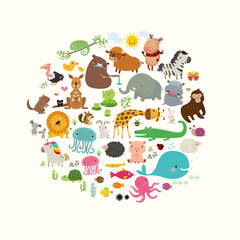 Set of Cute Cartoon Animals, Flat Vector, Illustration