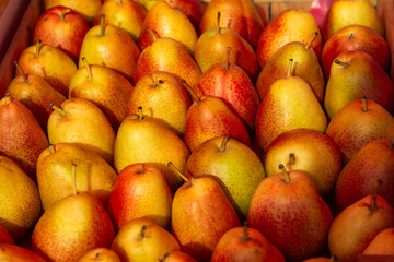 Ripe pears in a box top view. Beautiful red and orange pears stacked in rows. The counter with fruit. Abstract background of juicy pears. Harvest.