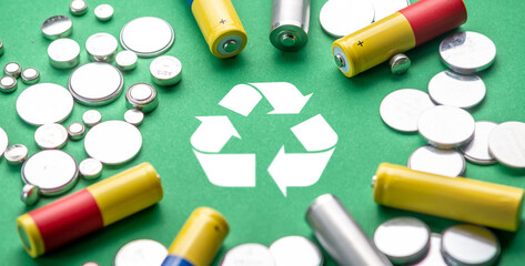 Used batteries and recycling symbol. Concept of ecological safety and eco friendly behavior