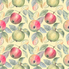 Warm and fruity seamless pattern with apples and leaves on a light yellow background. Watercolor fine illustration. Great for harvest time and Autumn sunny days!