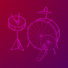 Musical instruments set. Rock band drum kit. Percussion musical instrument drums, stick and cymbal. Wireframe low poly mesh vector illustration.