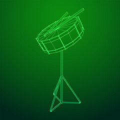 Musical instruments set. Rock band kit. Percussion musical instrument drum and stick. Wireframe low poly mesh vector illustration.