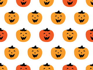 Happy Halloween. Seamless pattern with colorful pumpkins on white background. Vector illustration. For modern background decoration, cards, banners, wrappings, holiday designs, prints, fabrics, etc.