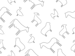 Seamless pattern farm animal background. Farm animals sheep, horse, cow, goat, cock and goose line contour vector illustration.