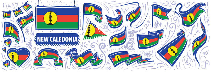 Vector set of the national flag of New Caledonia in various creative designs