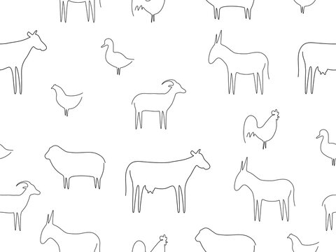 Seamless Pattern Farm Animal Background. Farm Animals Line Contour Vector Illustration Isolated On White Background. Cow, Duck, Goat, Donkey, Sheep And Cock Outline.