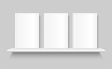 White blank books on a bookshelf. Empty cover of book. Shelf on the grey wall.