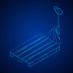 Hand pallet jack lift. Manual forklift with cargo pallet for warehouse. Logistics shipping concept. Wireframe low poly mesh vector illustration.