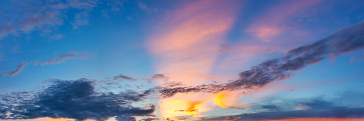 Gorgeous panorama scenic of sunrise and sunset with silver lining and cloud in the morning and evening. Panoramic landscape image.
